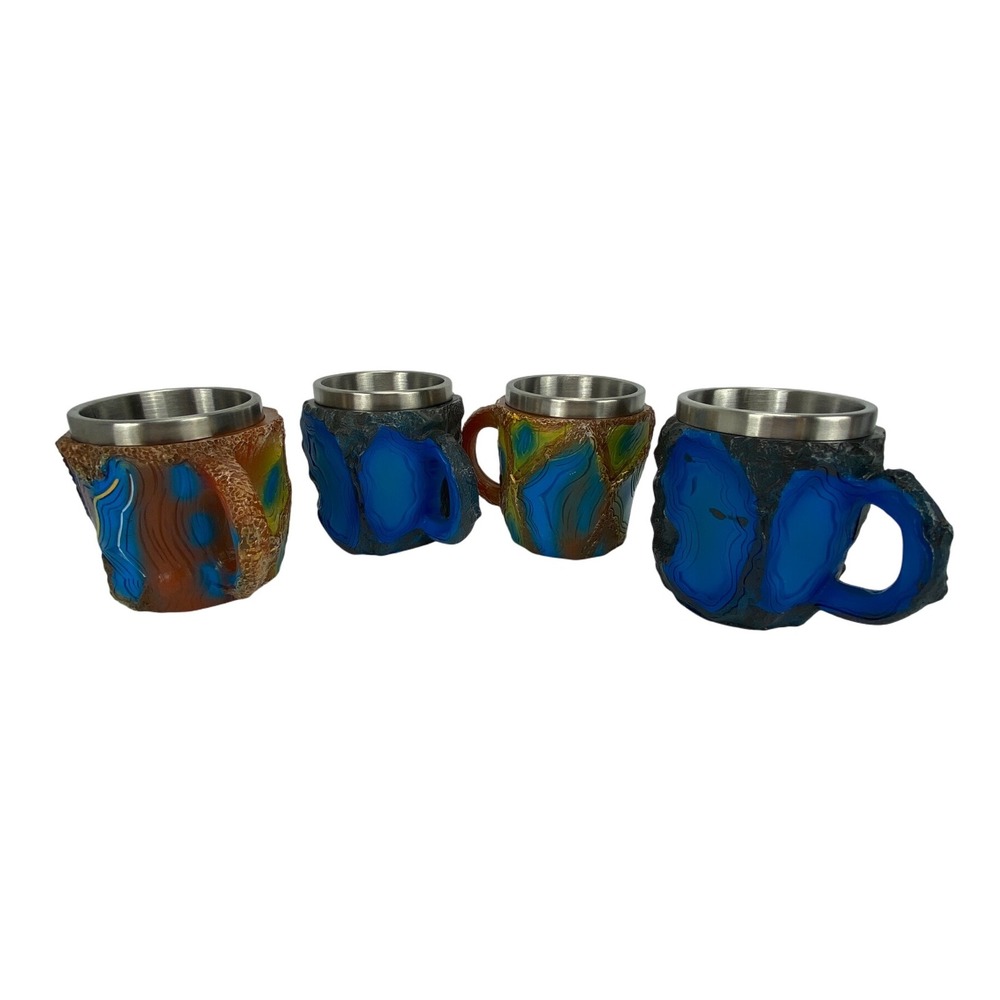 Vtg Mineral Crystal Removable Stainless Steel Coffee Cup Mugs Set of 4 Colorful